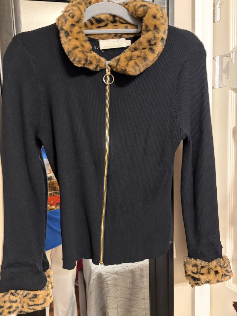 Y2K Lizette Collection XL Black Leopard Faux Fur Trim Zip Cardigan McBling